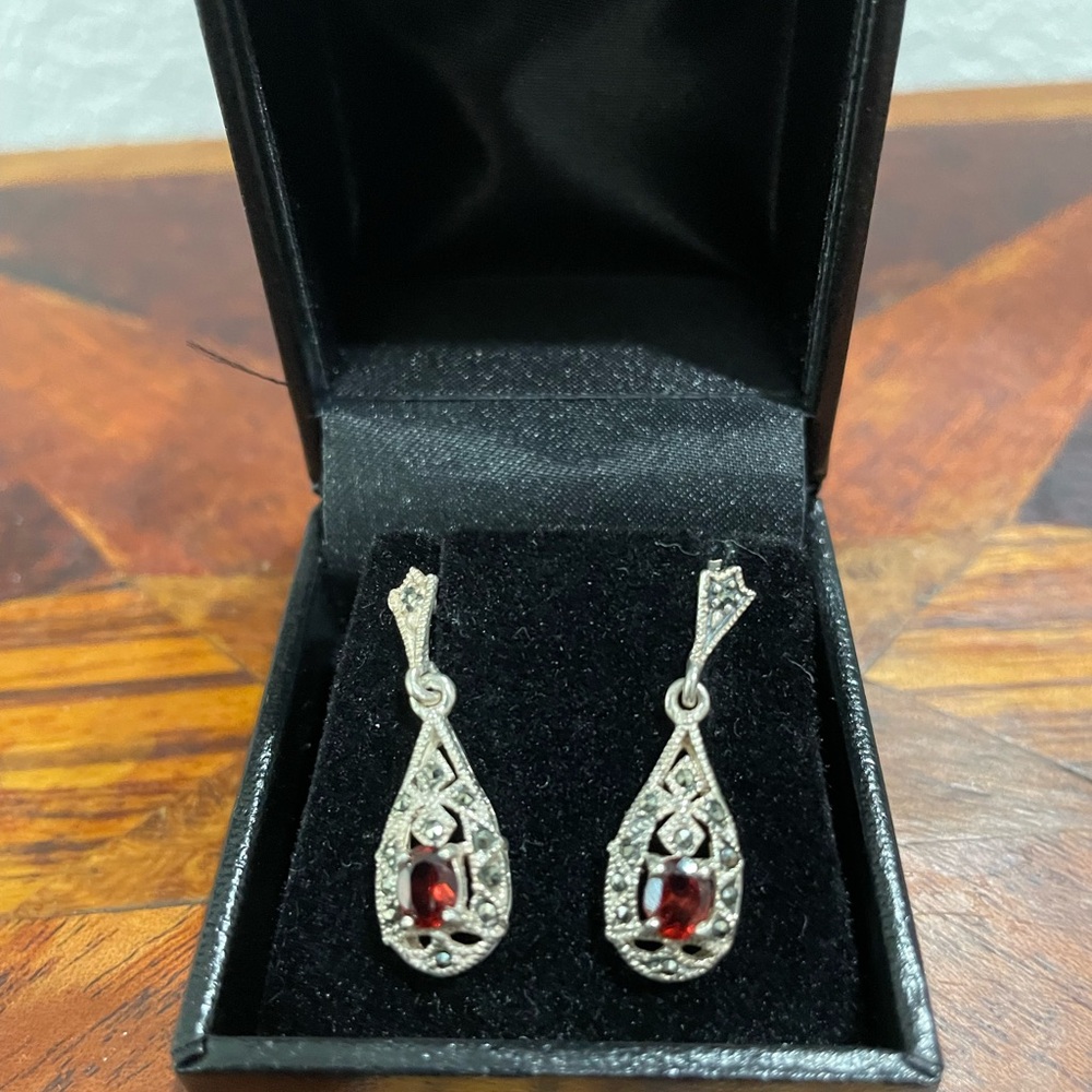 Estate Sterling Silver Garnet and Marcasite Pierced Earrings